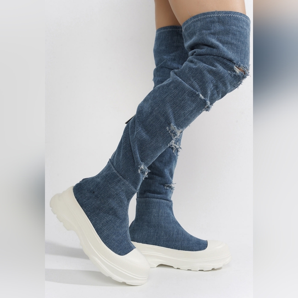 Cape Robbin Distressed Denim Blue Over-the-Knee Sock Boots with White Platform - Picture 4 of 12